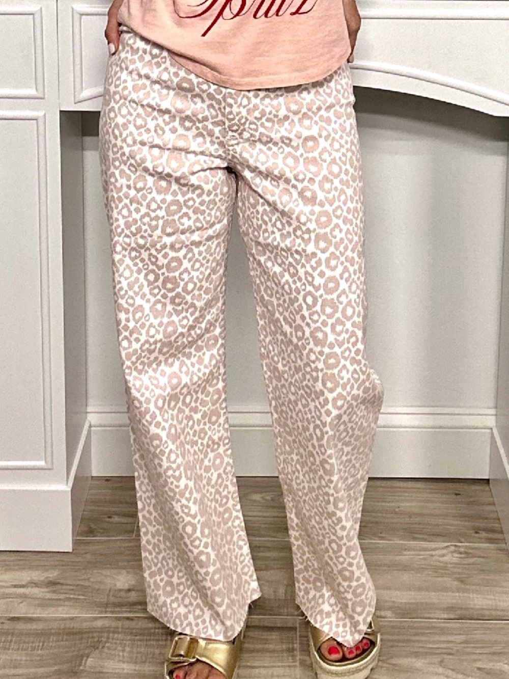 New w tags. Miou Muse cheetah jeans wide leg. Peach pink